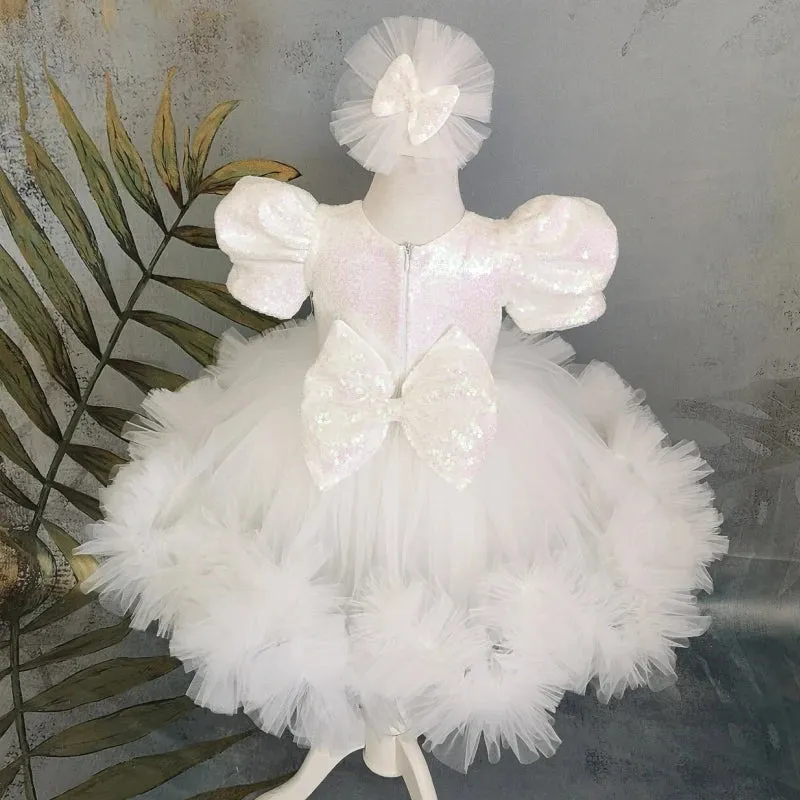 MQTIME  -  White Flower Girl Dresses Tulle Sequin With Bow Short Sleeve For Wedding Birthday First Communion Gowns
