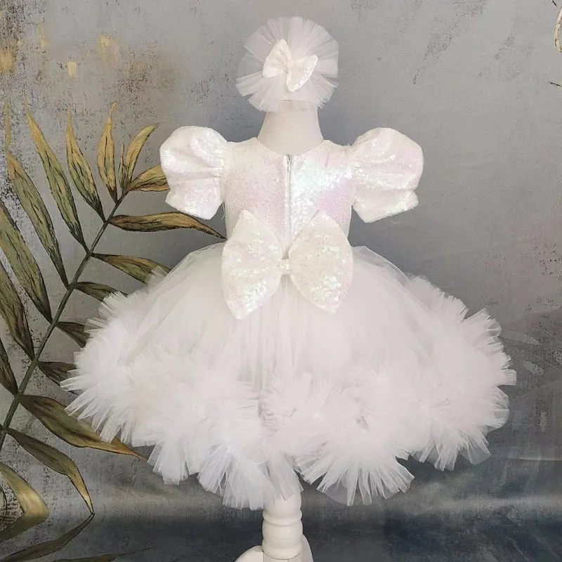 MQTIME  -  White Flower Girl Dresses Tulle Sequin With Bow Short Sleeve For Wedding Birthday First Communion Gowns