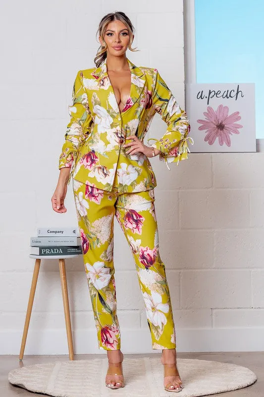Mustard Multi Floral Print Blazer Jacket and Pants Set