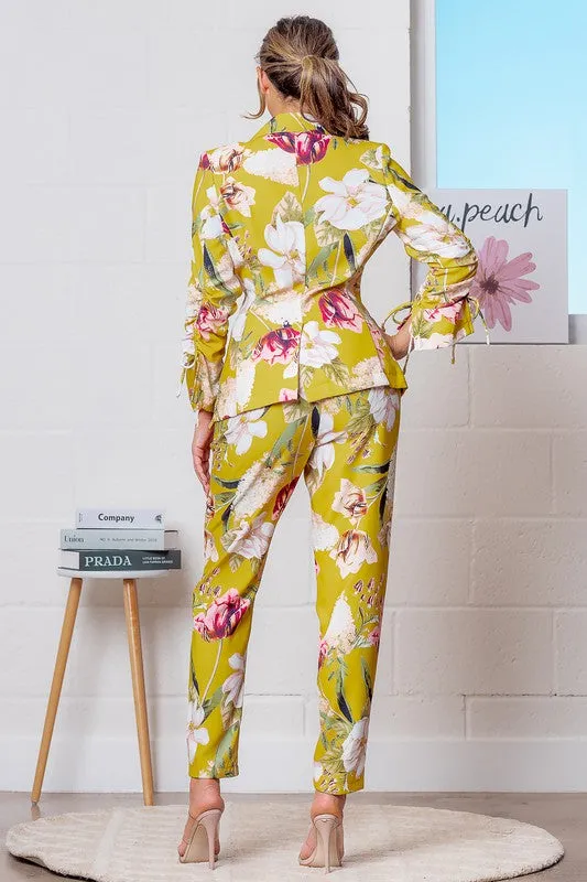 Mustard Multi Floral Print Blazer Jacket and Pants Set