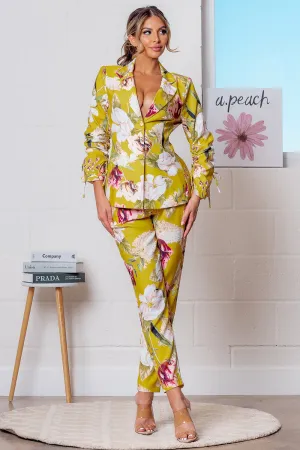 Mustard Multi Floral Print Blazer Jacket and Pants Set