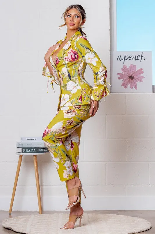 Mustard Multi Floral Print Blazer Jacket and Pants Set