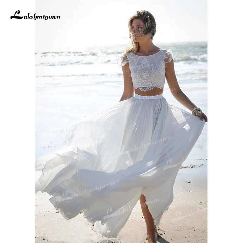 NumberSea Unique Two Pieces Wedding Dresses Boat Neck Lace Top Cap-Sleeve And Chiffon Skirt Sweep Train Beach Bride Gowns robe de mariage