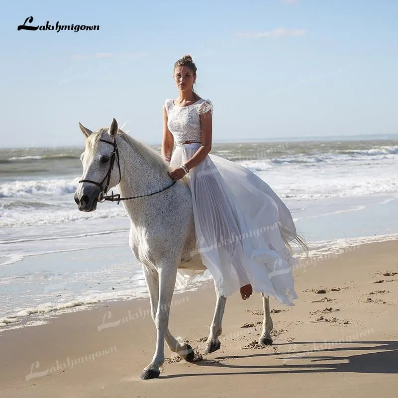 NumberSea Unique Two Pieces Wedding Dresses Boat Neck Lace Top Cap-Sleeve And Chiffon Skirt Sweep Train Beach Bride Gowns robe de mariage