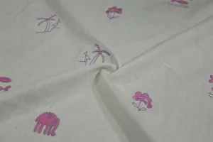 Off White & Pink Quirky Cotton Flax Fabric