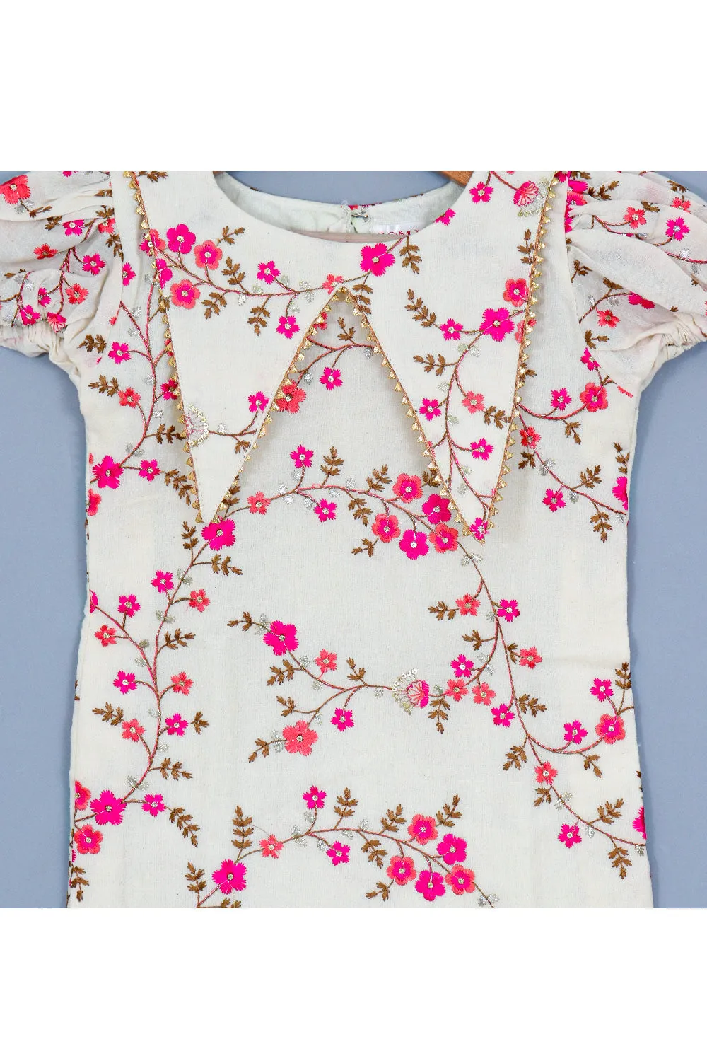 Off White Floral Embroidered Cotton Collared Dress