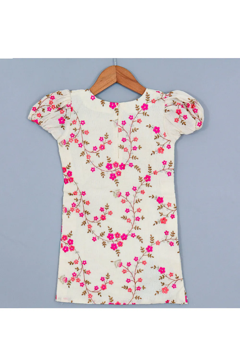 Off White Floral Embroidered Cotton Collared Dress