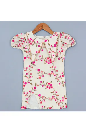 Off White Floral Embroidered Cotton Collared Dress