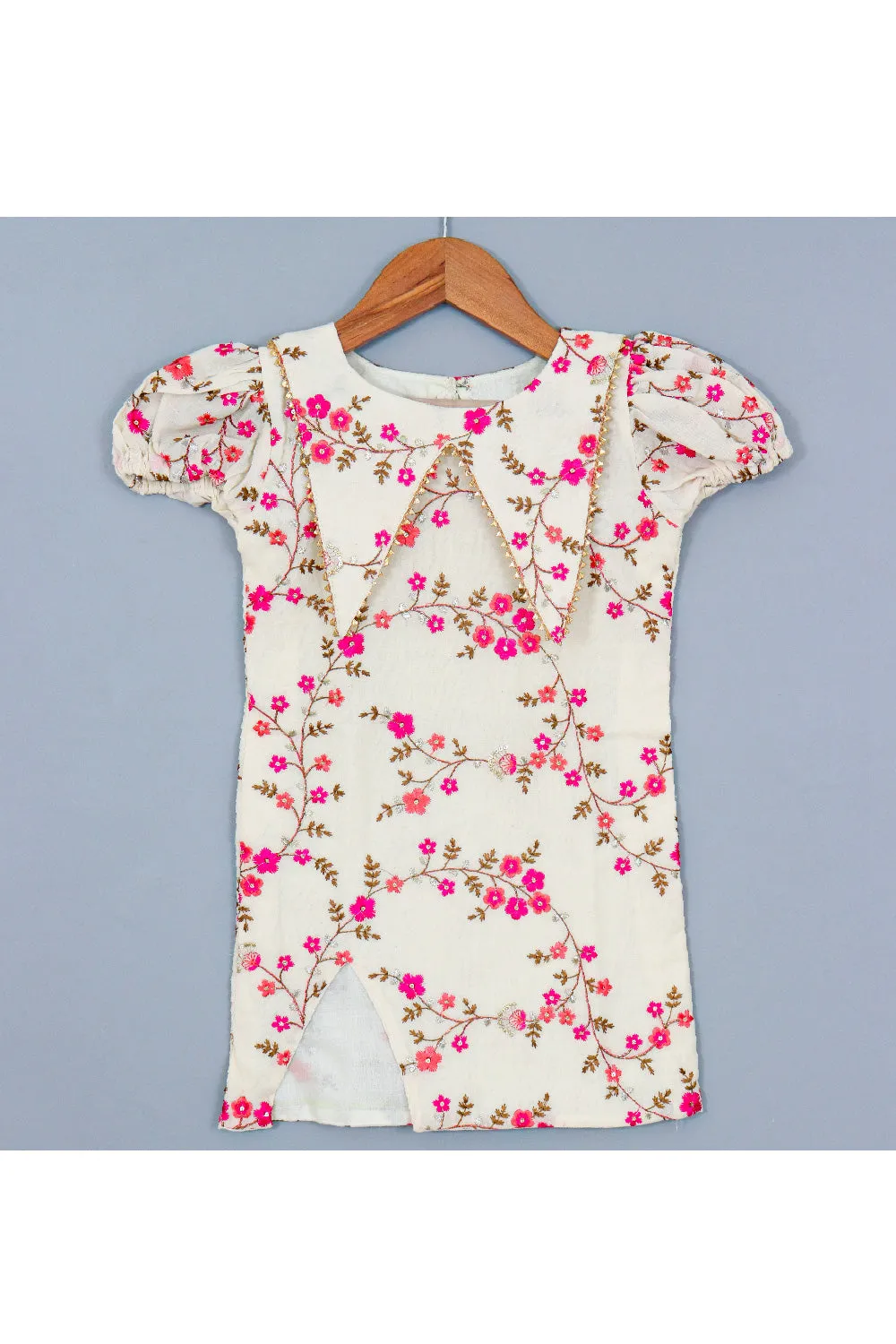 Off White Floral Embroidered Cotton Collared Dress