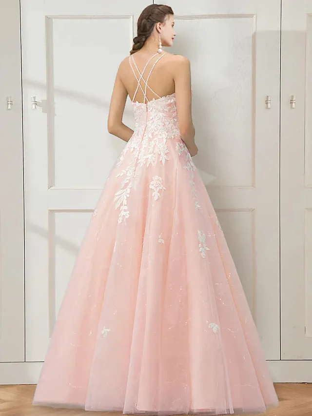 Prom Dresses Floral Dress Masquerade Floor Length Sleeveless Spaghetti Strap Tulle Crisscross Back with Embroidery
