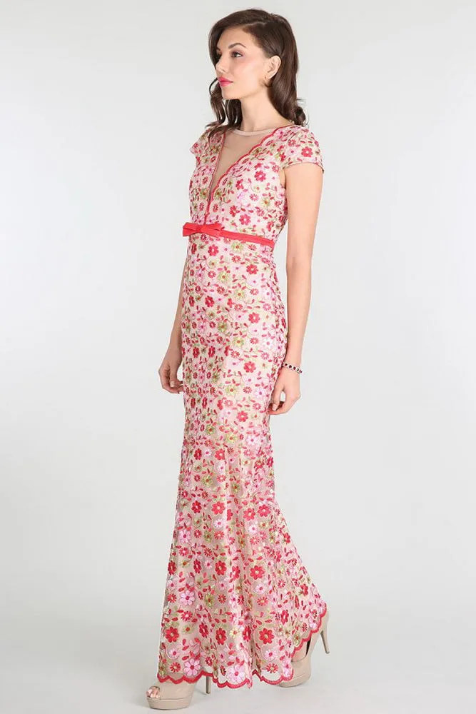 Red Floral Embroidered Lace Dress