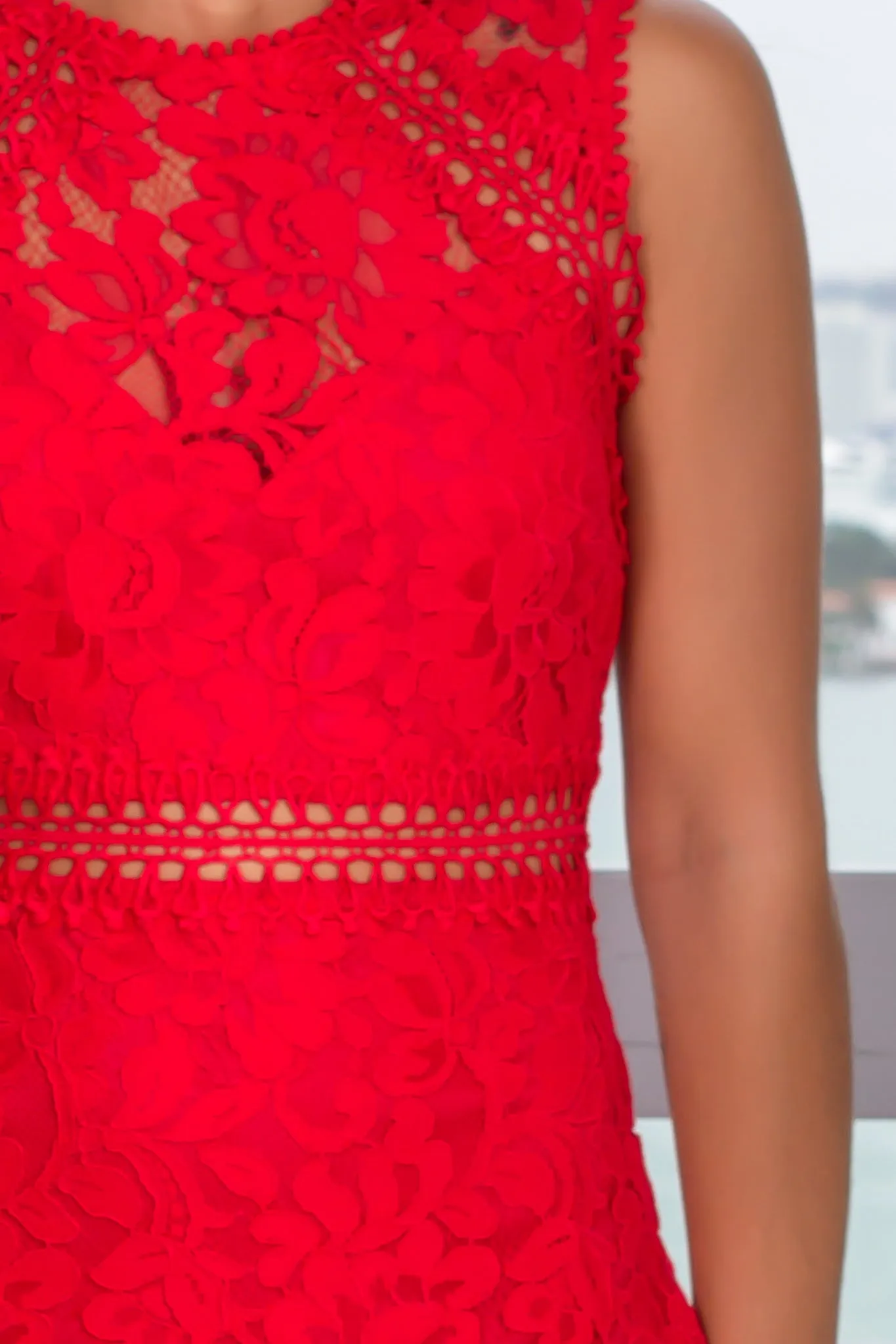 Red Lace Embroidered Short Dress