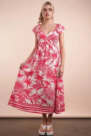 Red Tropical Print Ruffled Midi Boho Dress