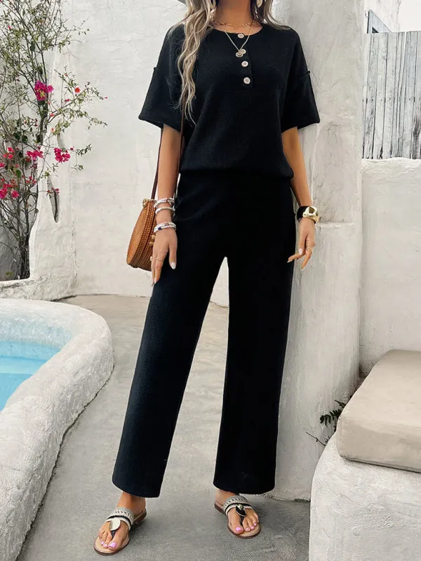 Relax Fit Textured Top & Pants Set Casual Outfit for Women