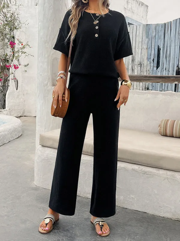 Relax Fit Textured Top & Pants Set Casual Outfit for Women