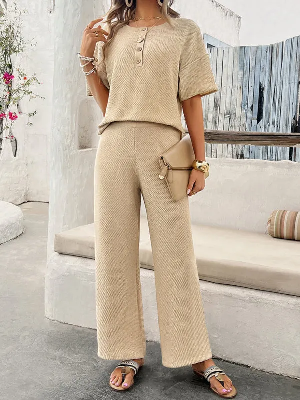 Relax Fit Textured Top & Pants Set Casual Outfit for Women
