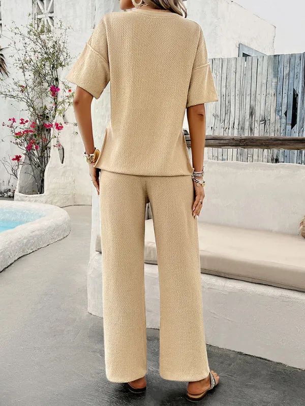 Relax Fit Textured Top & Pants Set Casual Outfit for Women
