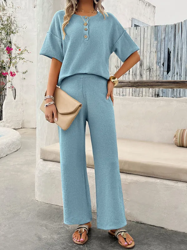 Relax Fit Textured Top & Pants Set Casual Outfit for Women