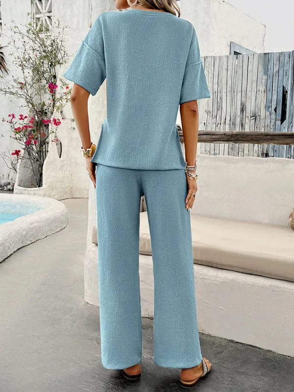 Relax Fit Textured Top & Pants Set Casual Outfit for Women