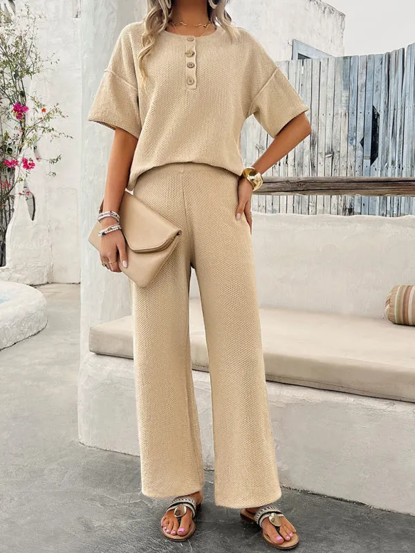 Relax Fit Textured Top & Pants Set Casual Outfit for Women