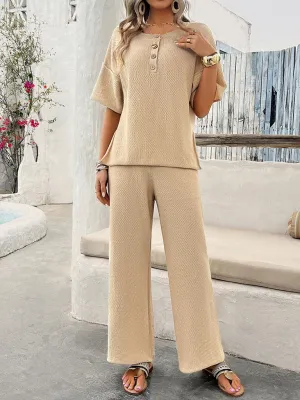 Relax Fit Textured Top & Pants Set Casual Outfit for Women