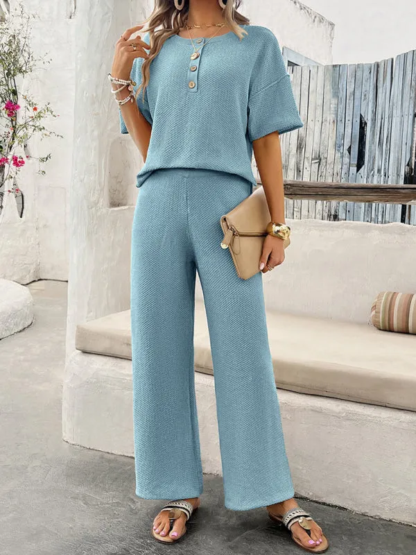 Relax Fit Textured Top & Pants Set Casual Outfit for Women