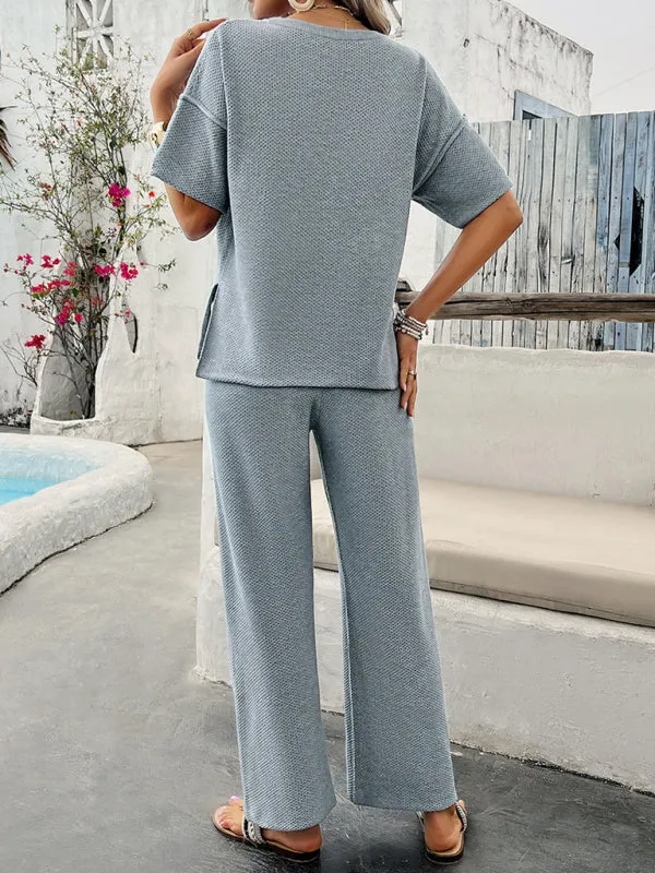 Relax Fit Textured Top & Pants Set Casual Outfit for Women