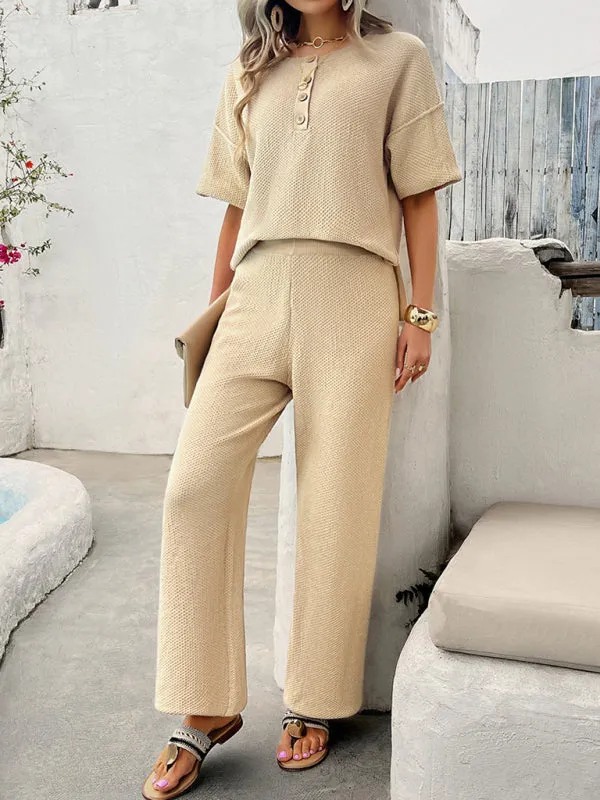 Relax Fit Textured Top & Pants Set Casual Outfit for Women