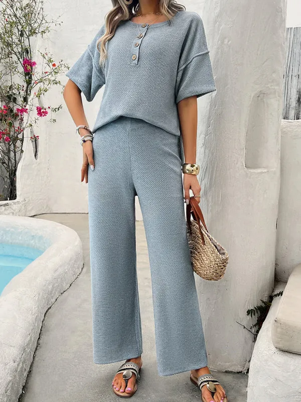 Relax Fit Textured Top & Pants Set Casual Outfit for Women
