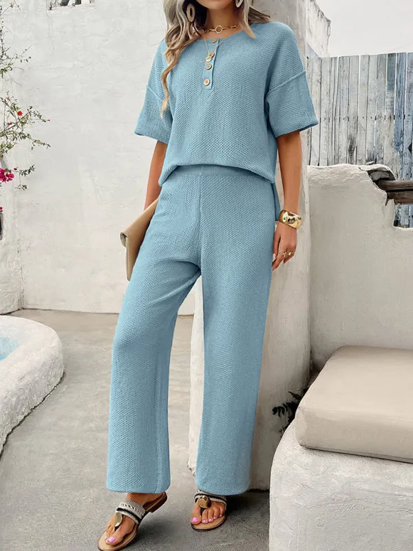 Relax Fit Textured Top & Pants Set Casual Outfit for Women