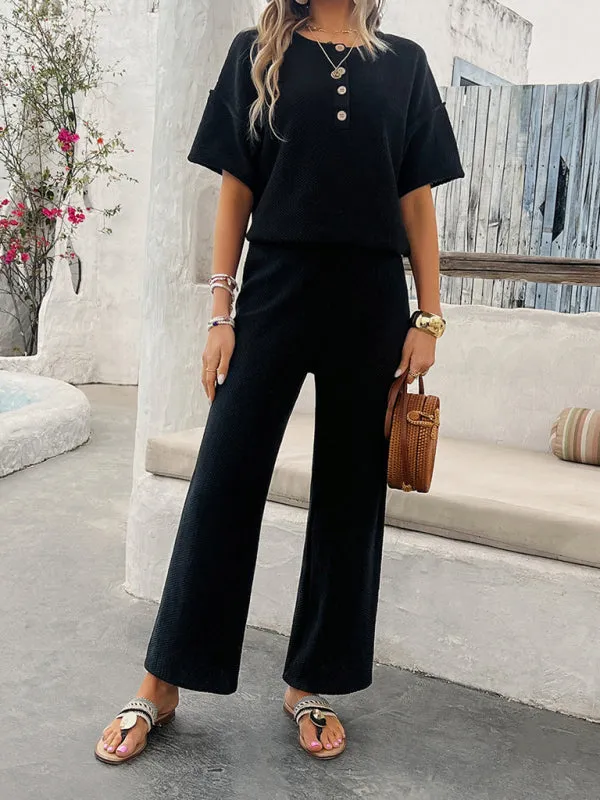 Relax Fit Textured Top & Pants Set Casual Outfit for Women