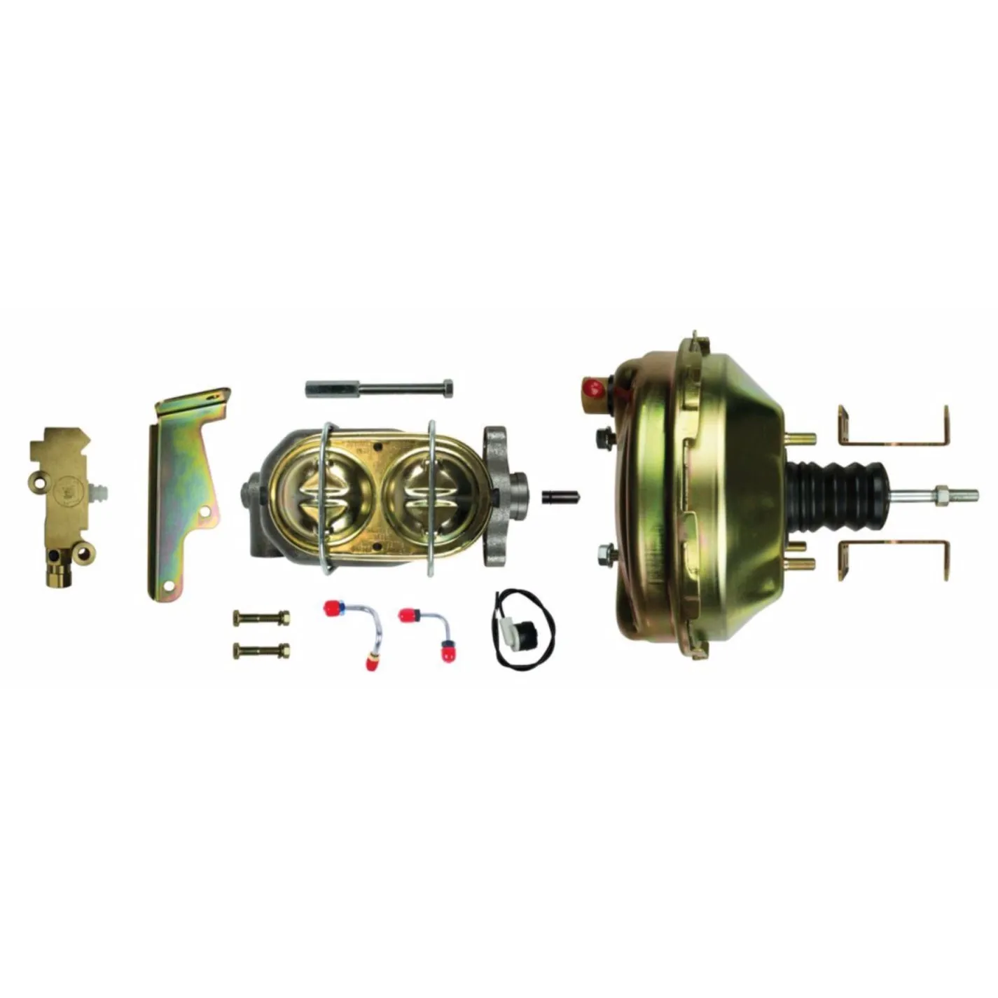 Right Stuff Detailing Master Cylinder and Booster - 1" Bore - Dual Integral Reservoir - 9" OD - Single Diaphragm - Steel - Cadmium - GM A-Body/G-Body