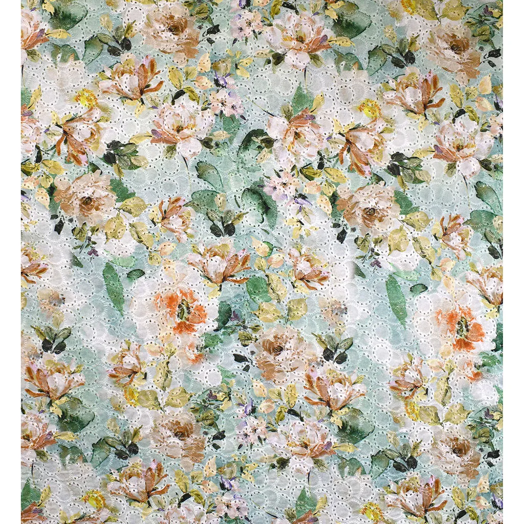 Rose Garden Printed Embroidered Cotton Eyelet Sage/Peach