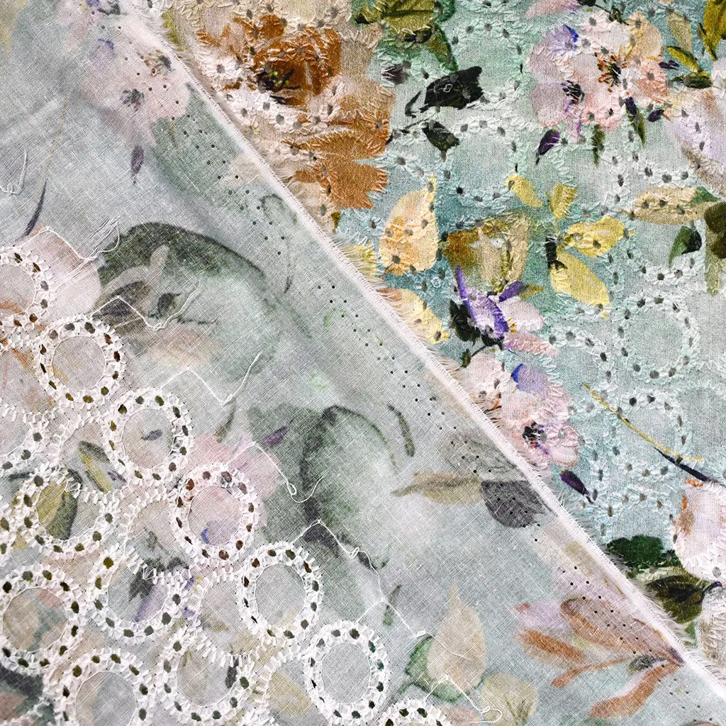 Rose Garden Printed Embroidered Cotton Eyelet Sage/Peach