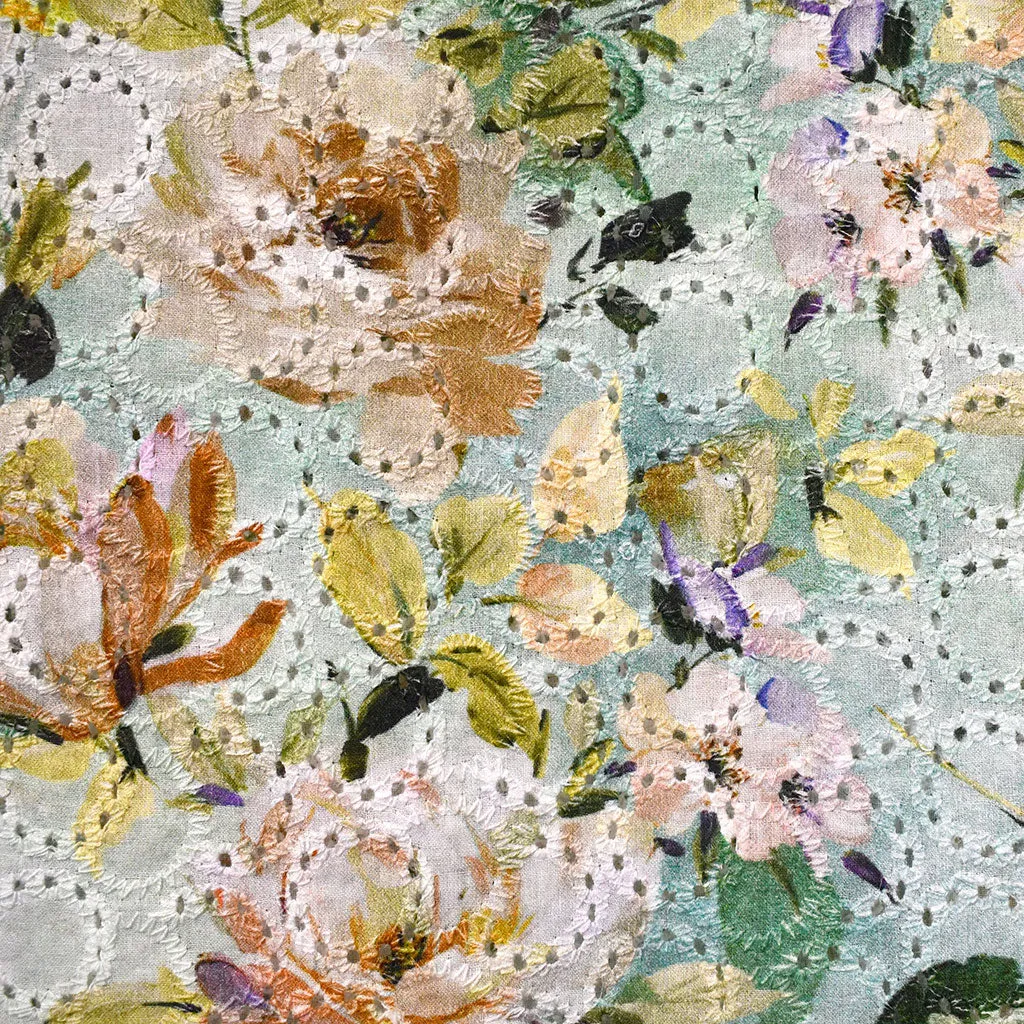 Rose Garden Printed Embroidered Cotton Eyelet Sage/Peach