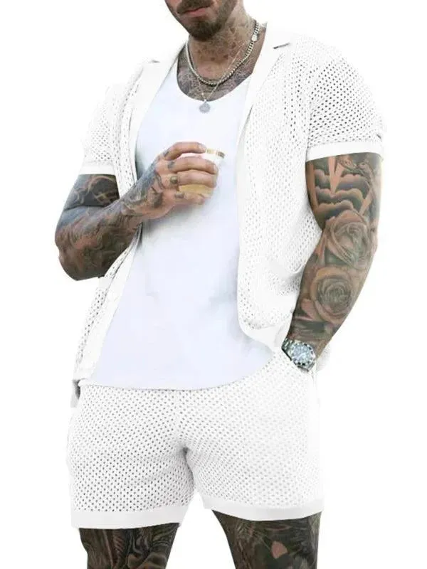 See-Through Short-Sleeved Men Cardigan Outfit Set