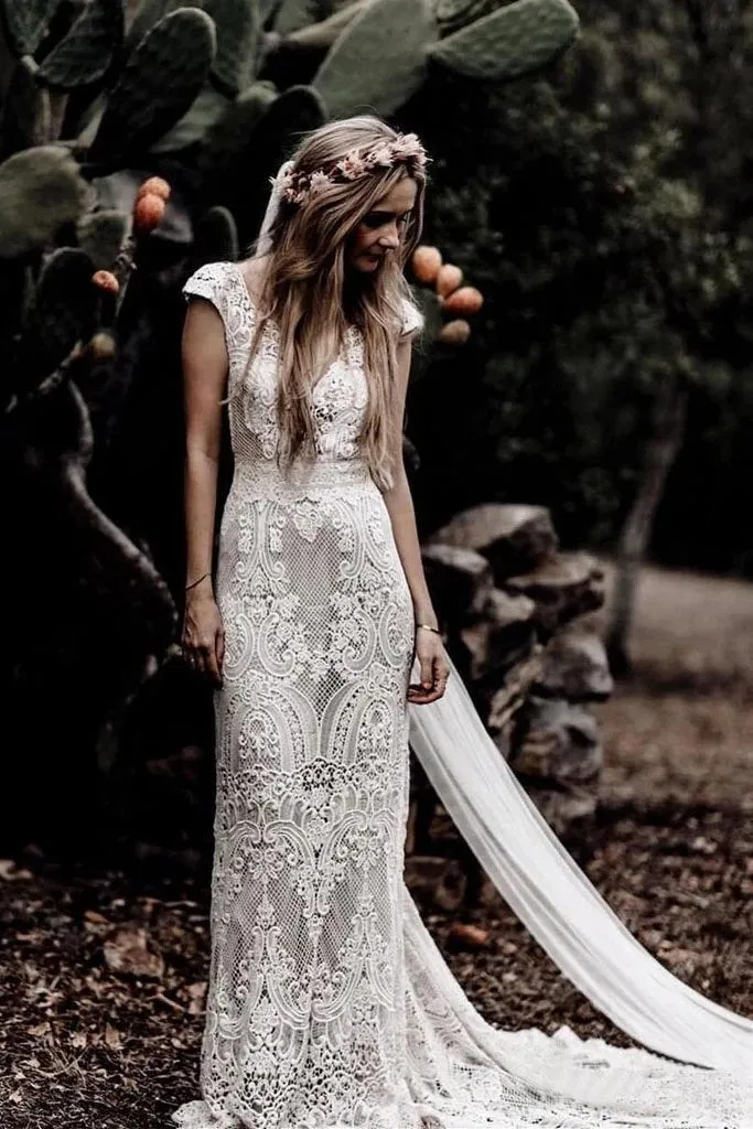Sheath Ivory Lace Rustic Wedding Dresses, Cap Sleeve Beach Wedding Gowns