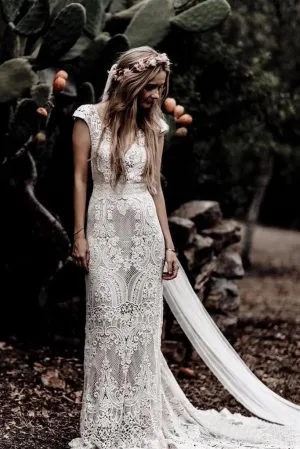 Sheath Ivory Lace Rustic Wedding Dresses, Cap Sleeve Beach Wedding Gowns