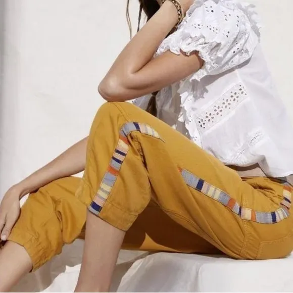 Sz6 Anthropologie Brendan Utility Cargo Yellow Embroidered Side Stripe Pants