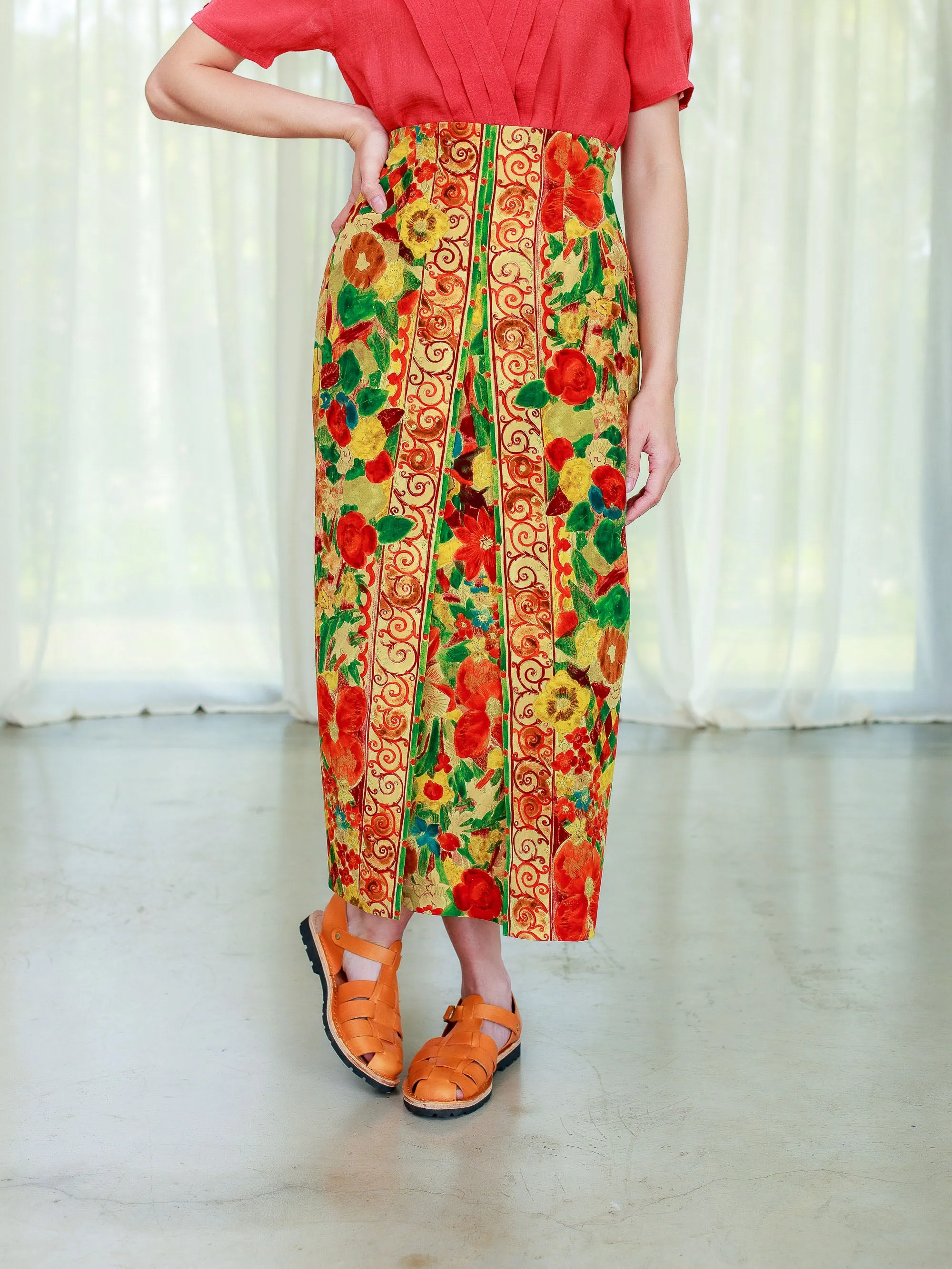 Vintage Floral Print Pleated Maxi Skirt