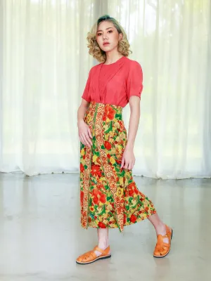 Vintage Floral Print Pleated Maxi Skirt