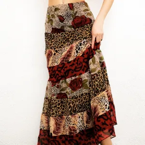 Vintage Tiered Mixed Print Maxi Skirt (M)