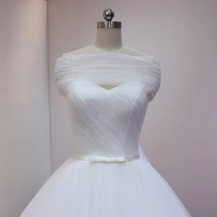 White Princess Tulle Ball Gown Cathedral Train Wedding Dress with Off Shoulder Draping