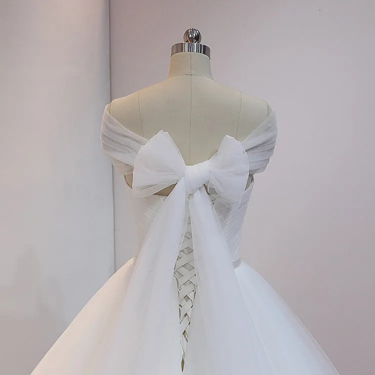 White Princess Tulle Ball Gown Cathedral Train Wedding Dress with Off Shoulder Draping