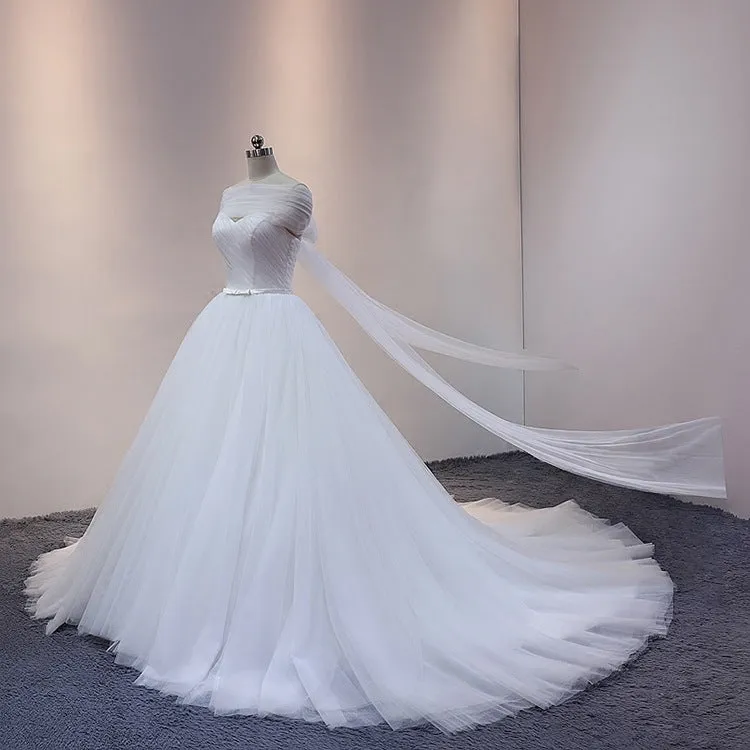 White Princess Tulle Ball Gown Cathedral Train Wedding Dress with Off Shoulder Draping