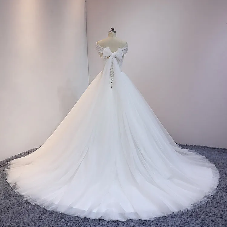 White Princess Tulle Ball Gown Cathedral Train Wedding Dress with Off Shoulder Draping