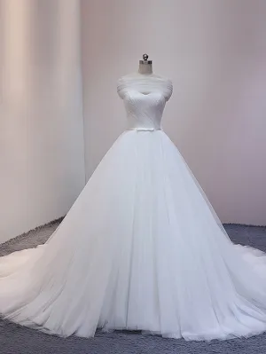 White Princess Tulle Ball Gown Cathedral Train Wedding Dress with Off Shoulder Draping