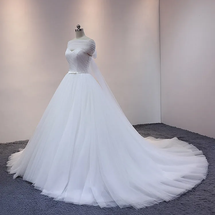 White Princess Tulle Ball Gown Cathedral Train Wedding Dress with Off Shoulder Draping