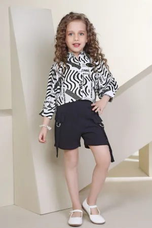 White with Black Printed Top and Shorts For Girls