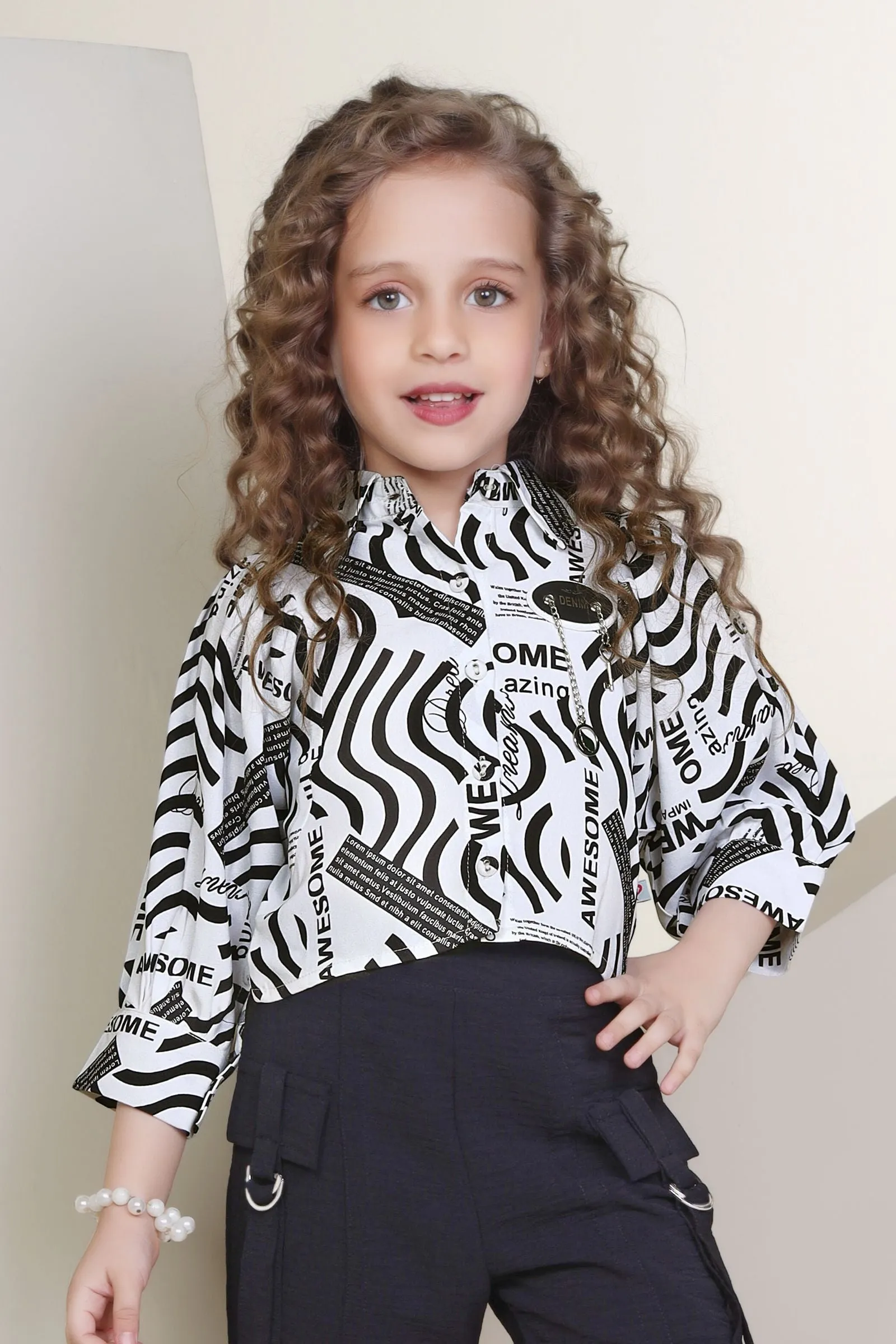 White with Black Printed Top and Shorts For Girls